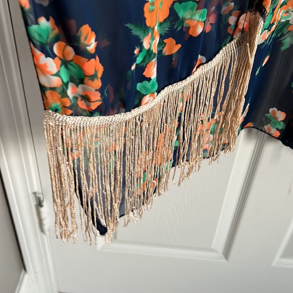 Floral Kimono with Gold Metallic Fringe Detailing - Picture 3 of 5